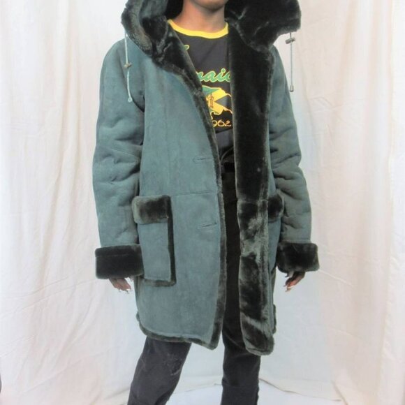 VINTAGE Green Hooded Cruelty-free Suede Sherpa Jacket - Picture 1 of 8